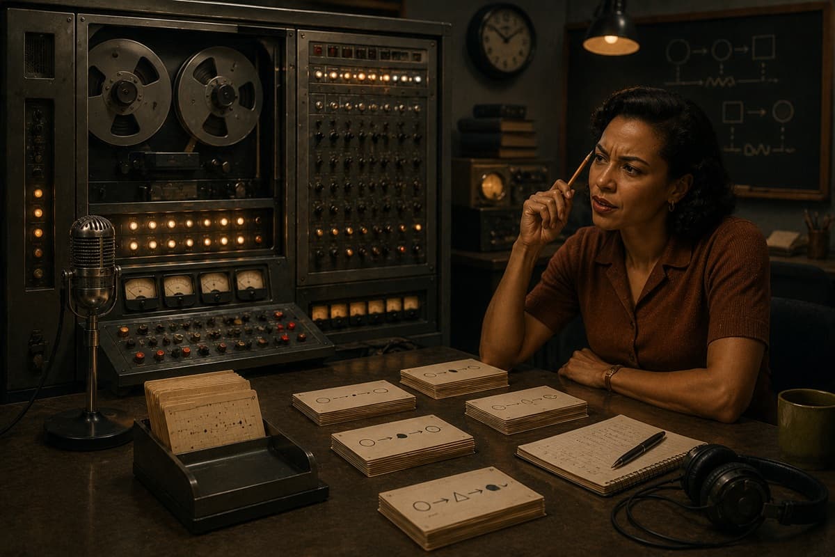 Vintage computer and human comedy writer compare premise cards across a retro-futurist laboratory desk