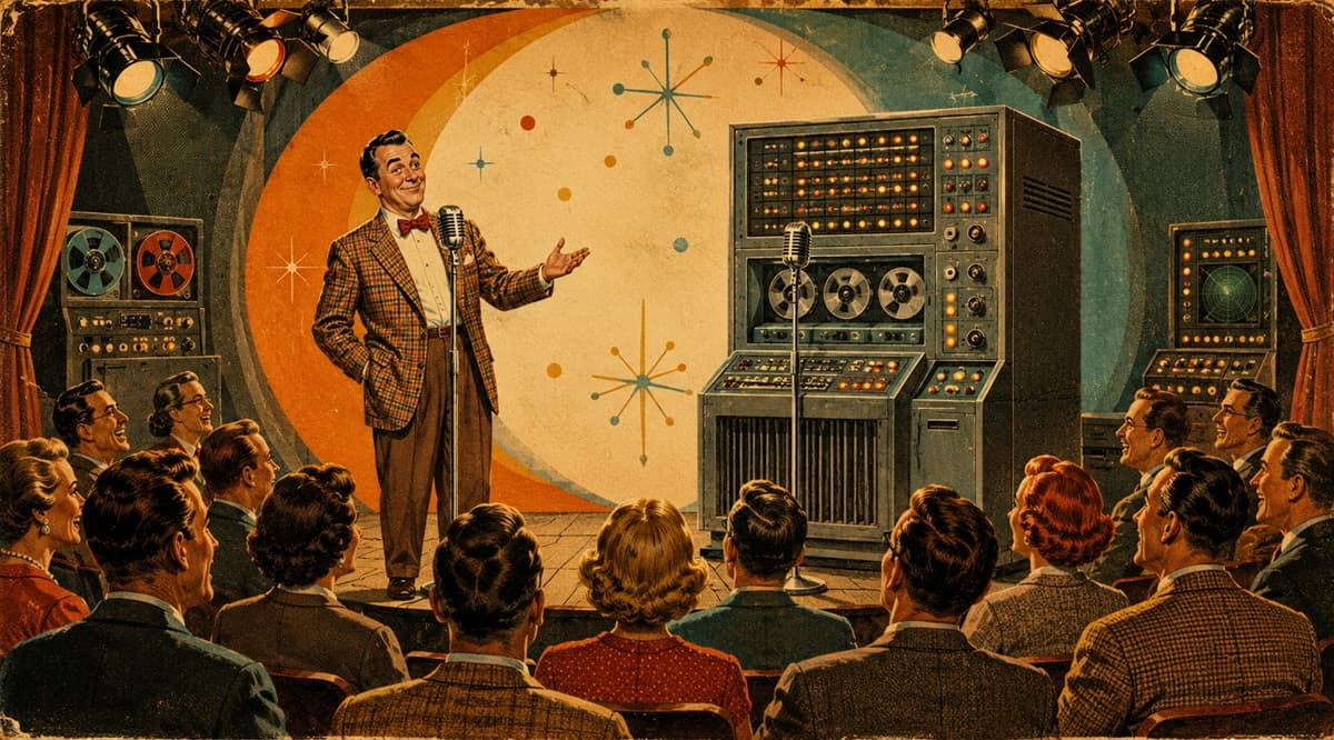 Vintage computer and human performer face one audience with equal microphones