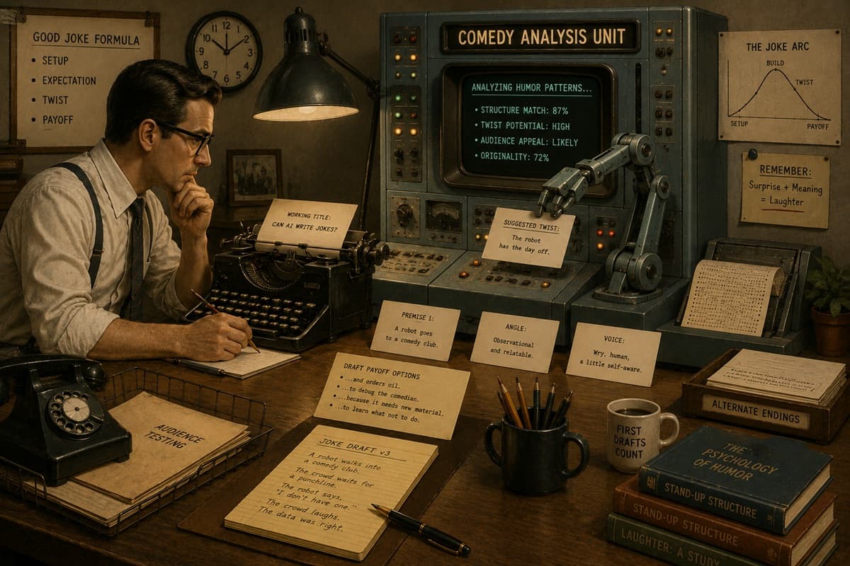 Typewriter, premise cards, and vintage mainframe collaborate across an editorial desk