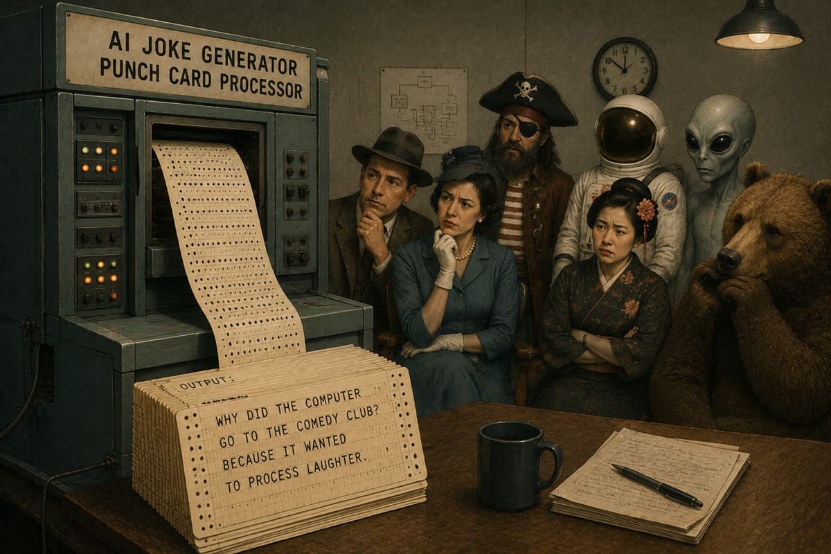 A punch-card joke processor presents generated output to an unusually varied group of observers