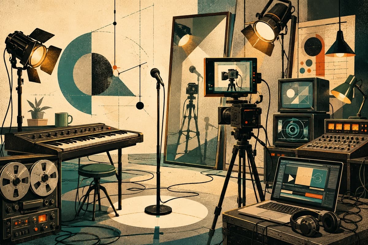 A small studio stage filled with camera frames, lights, editing reels, keyboards, and mirrored performance screens.