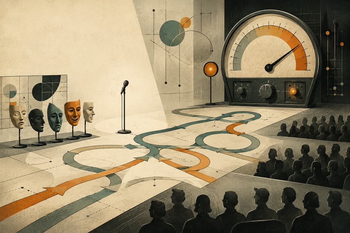Character masks, a microphone, branching stage paths, and an analog timing gauge face a waiting audience
