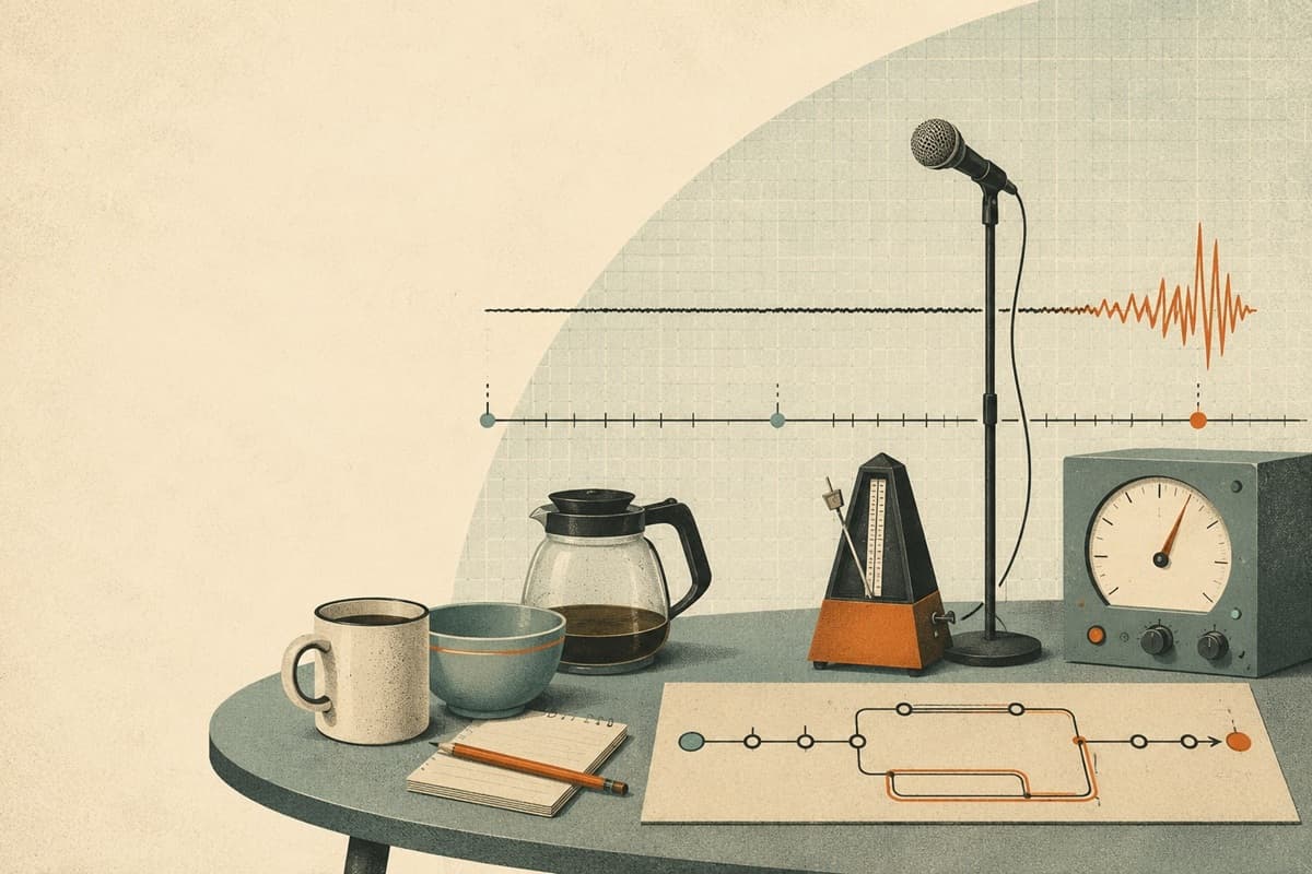A microphone, metronome, waveform, and looping diagram turn a quiet tabletop into a timing laboratory