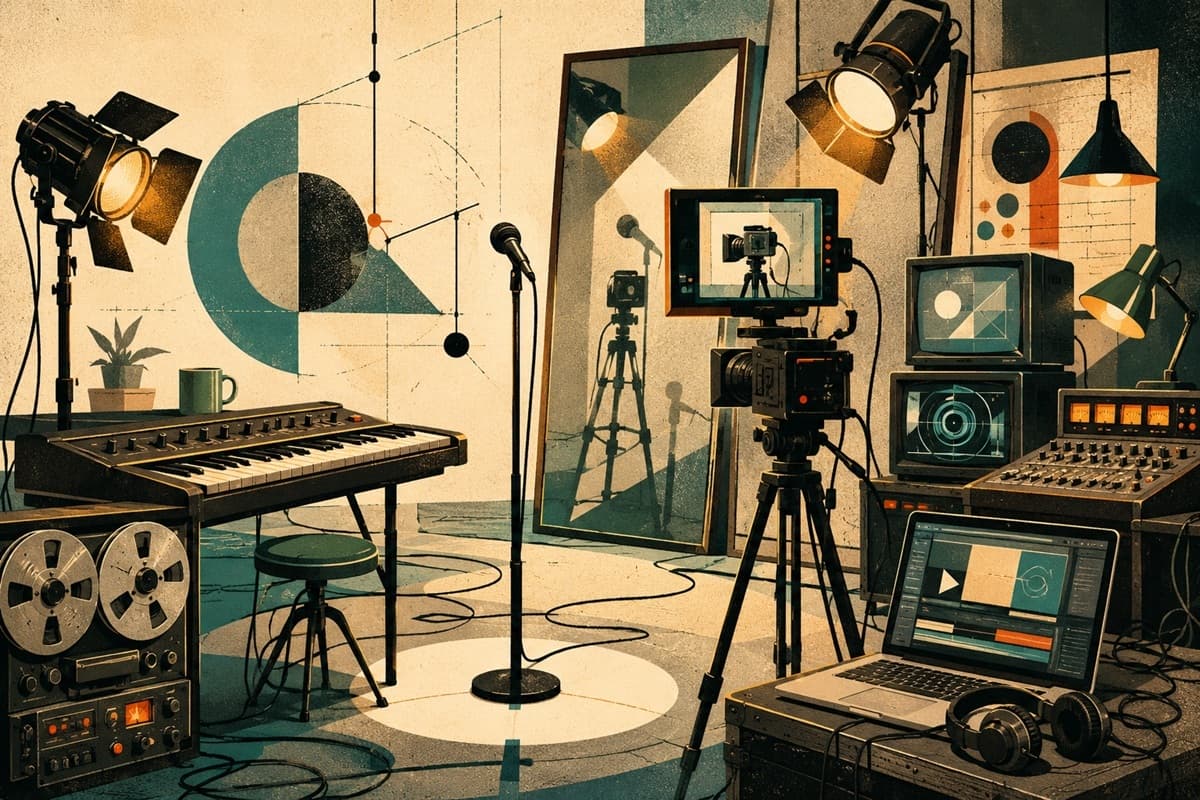 An empty performance mark is surrounded by studio cameras, stage lights, mirrors, monitors, and audio equipment