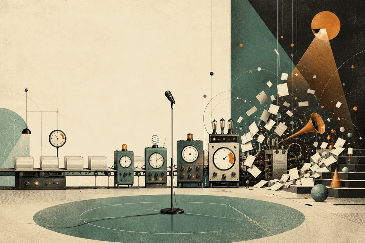A microphone and orderly timing machines meet an energetic burst of cards, signals, and theatrical light