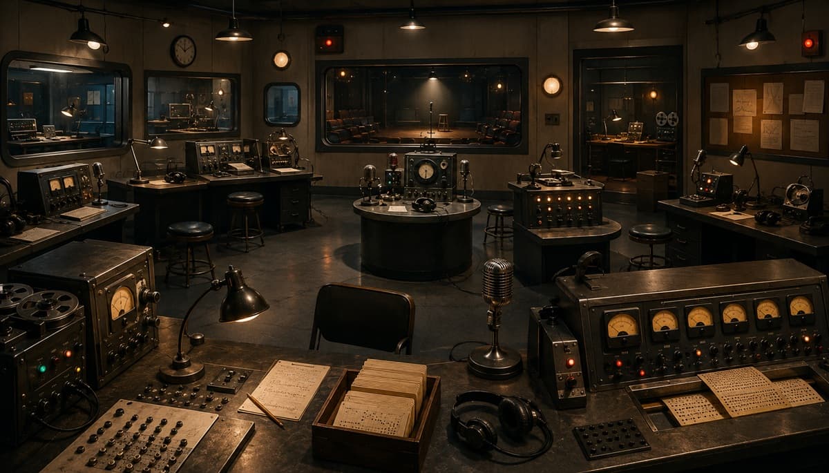 Retro-futurist comedy laboratory with analog meters, microphones, punch cards, headphones, and observation stations