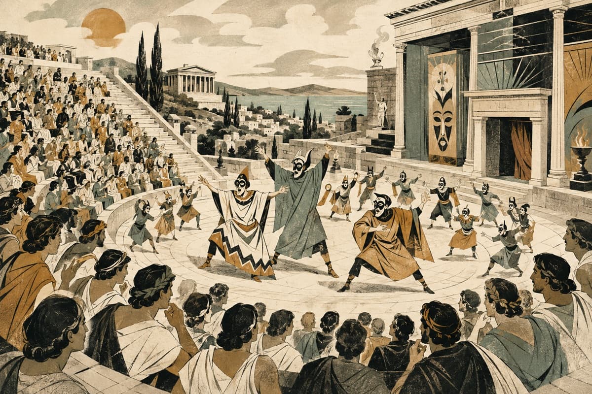 Masked comic performers in an ancient Greek open-air theater