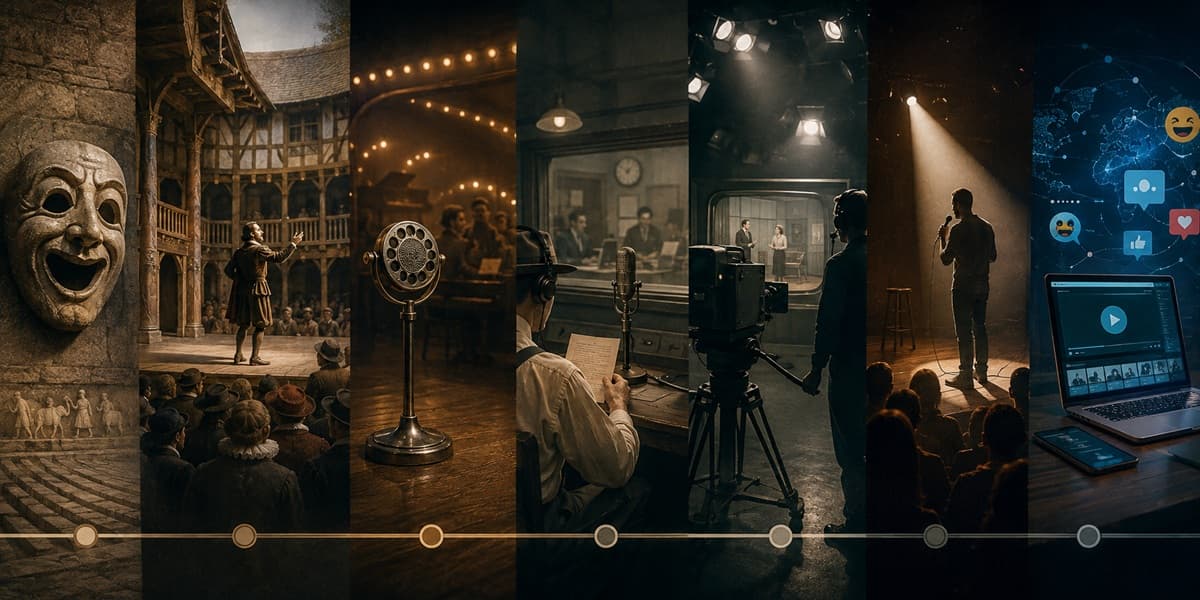 Layered comedy timeline with stage, radio microphone, television camera, spotlight, and abstract modern screen