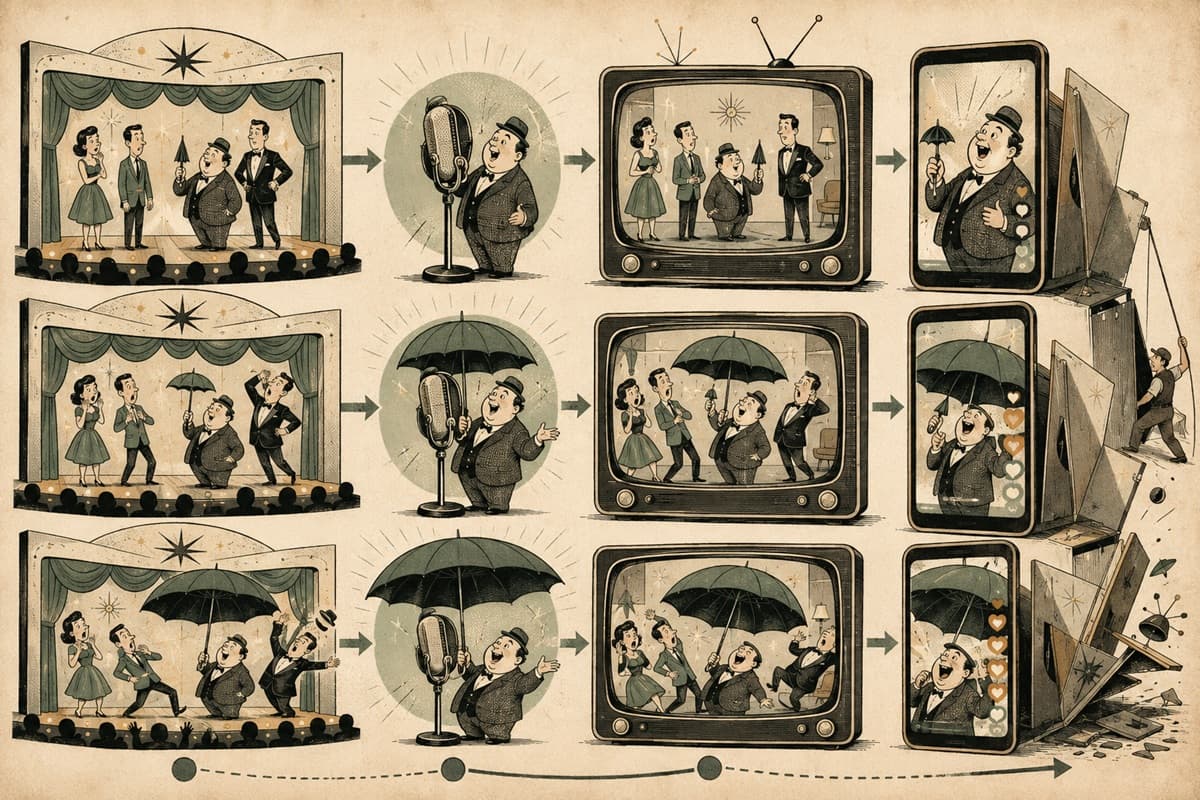 A compact comedy scene travels from vaudeville stage to television studio and phone screen