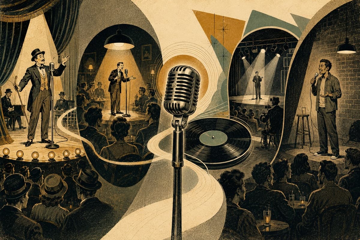 A single microphone links a vaudeville stage, nightclub, comedy record, and modern club