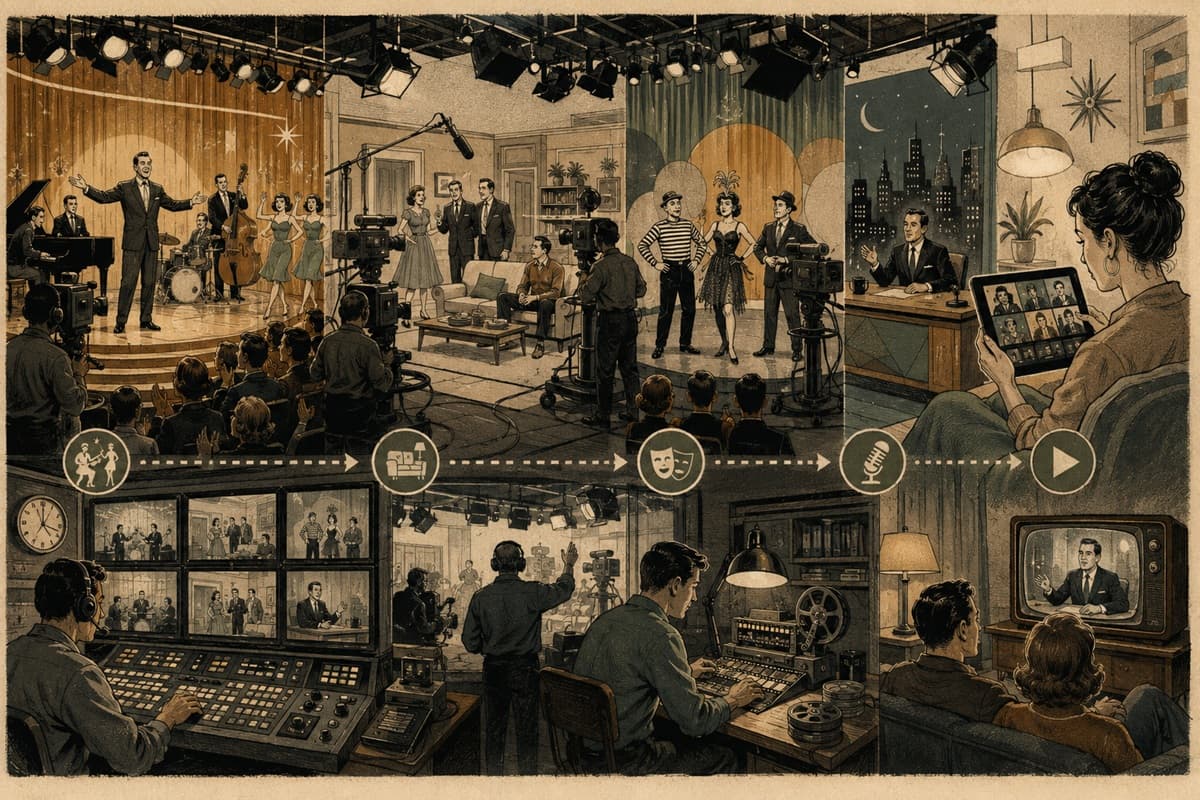 A television studio moves from live variety broadcast to sitcom set and sketch stage