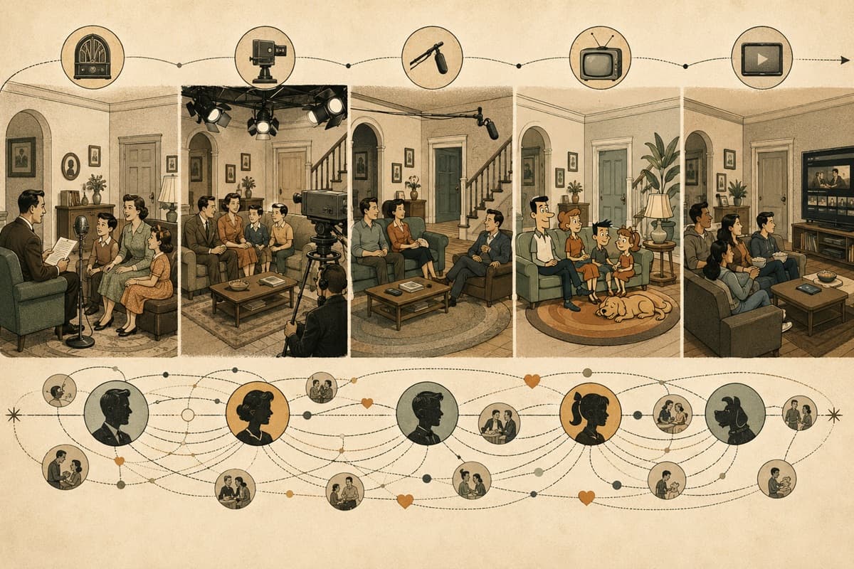 A recurring sitcom living room changes across radio, early television, and streaming eras