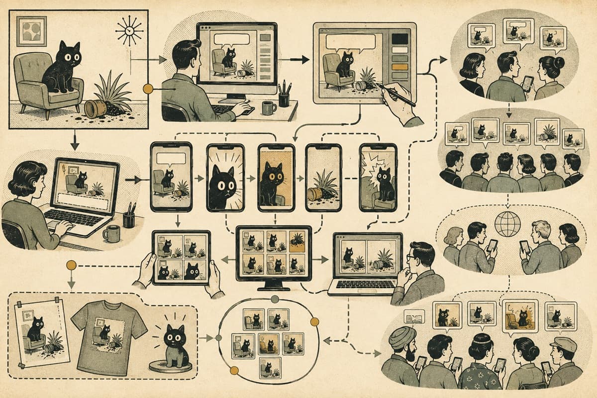 A comic image is captioned, remixed, reposted, and transformed across connected screens