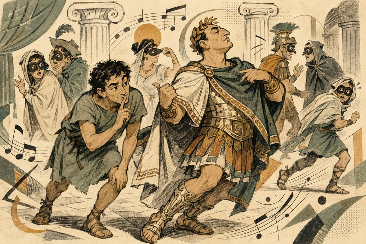 Roman comic actors in masks performing before a lively crowd