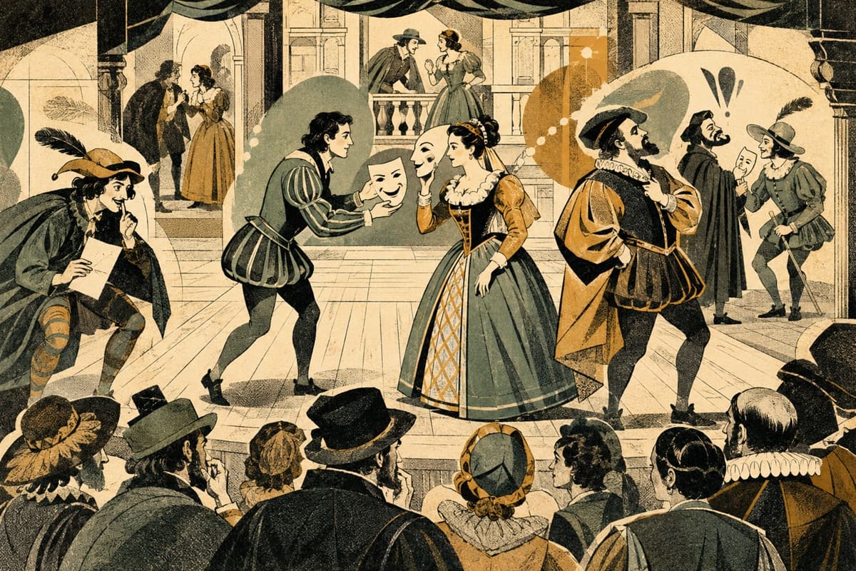 Elizabethan actors exchange identities and letters on a wooden stage