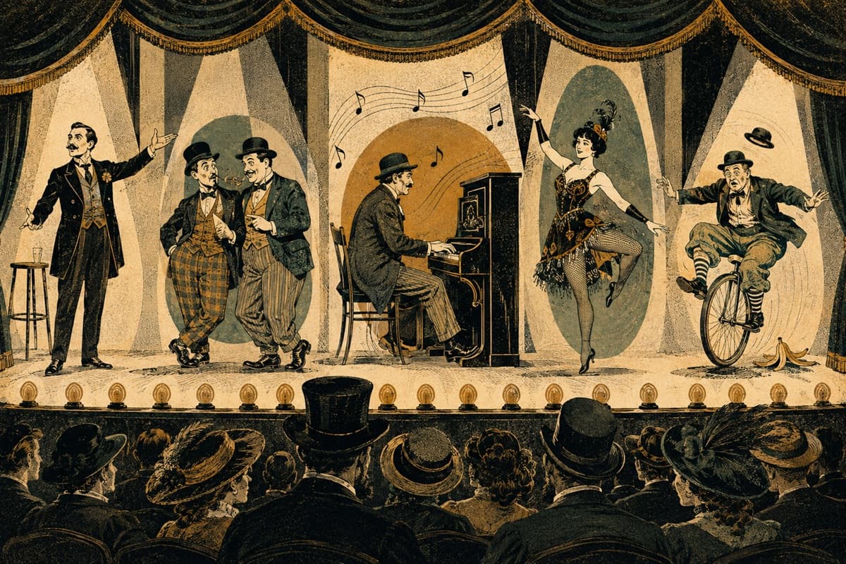 A vaudeville bill showing a monologist, comic duo, musician, and physical comedian