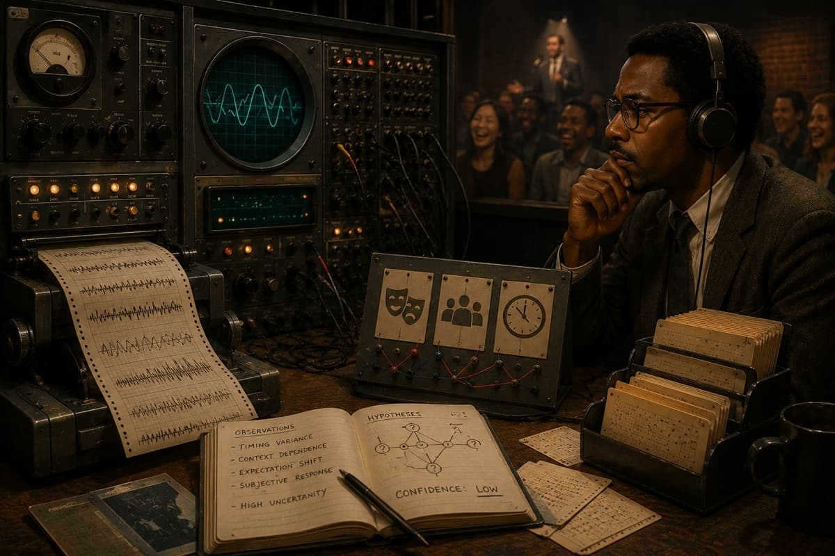 Researcher studies comedy signals beside a vintage analog computer
