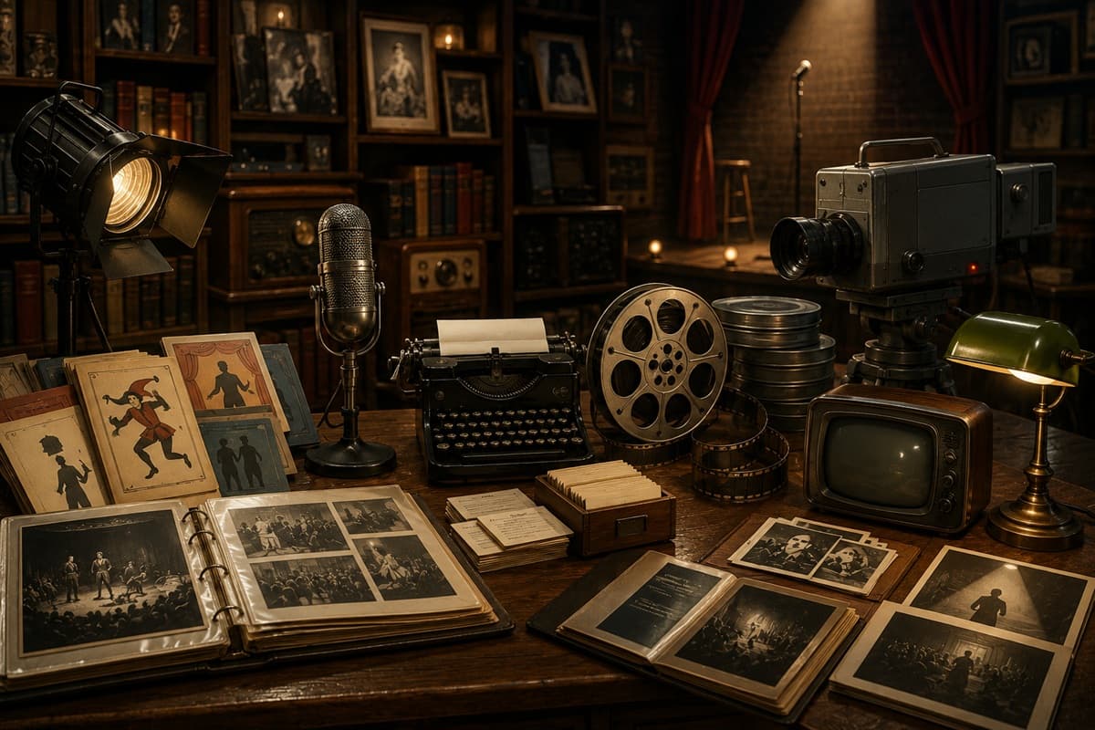 Microphone, typewriter, film reels, television camera, photographs, and stage lights fill a comedy archive.