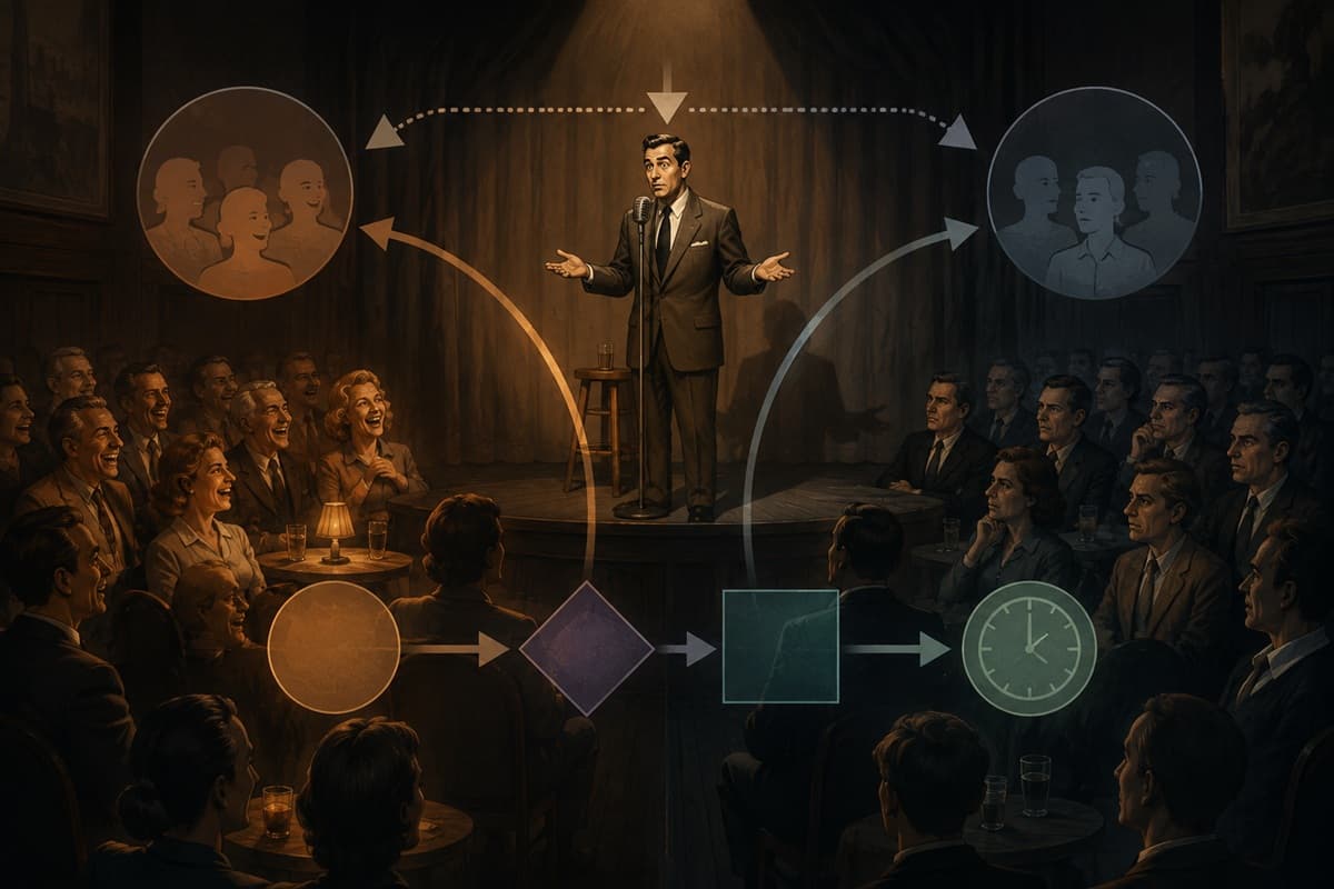 A comedian performs between laughing and unsmiling audiences beneath abstract arrows and timing symbols.