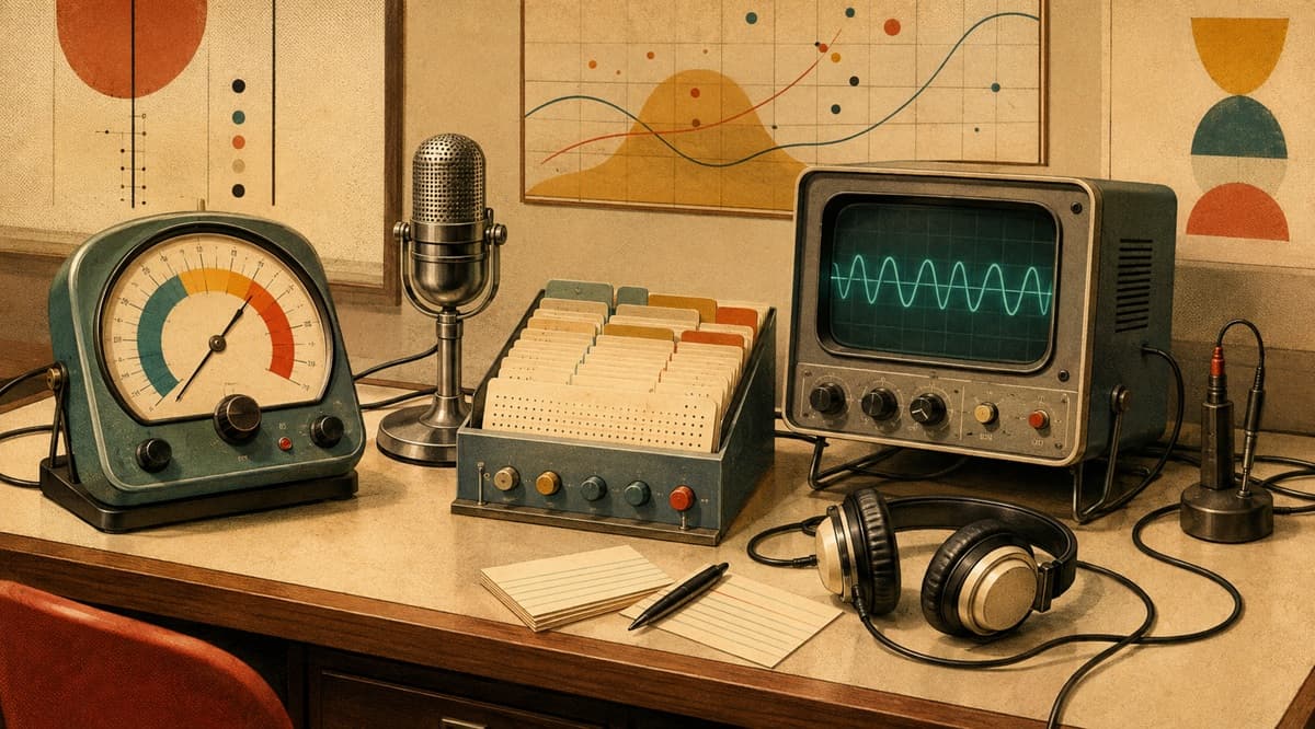 Analog meter, microphone, punch-card sorter, oscilloscope, and headphones arranged on a laboratory bench.