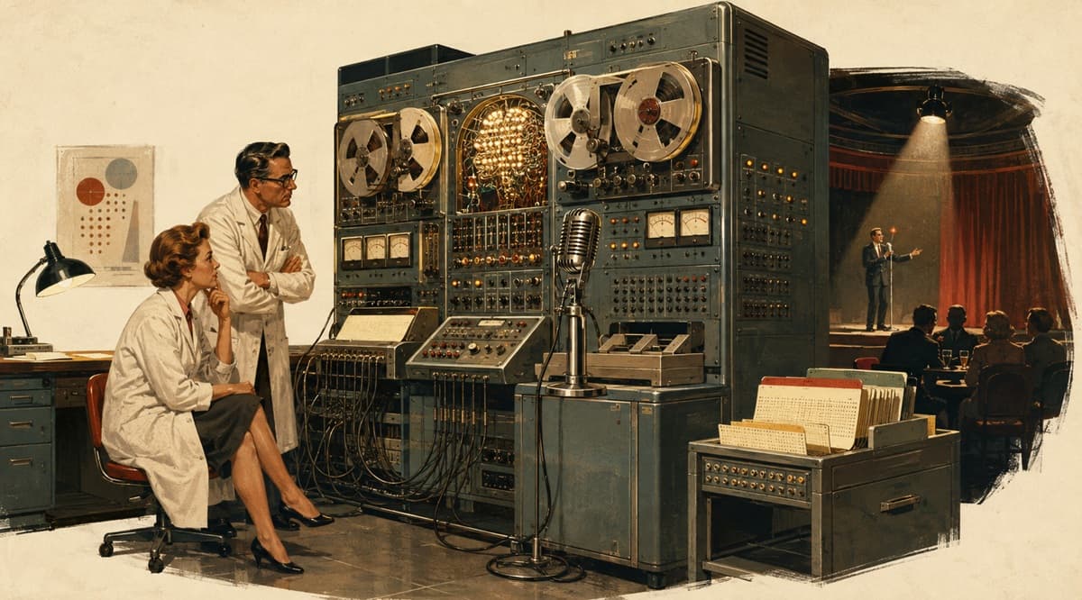 Researchers study a vintage computer connected to a stage microphone in a retro-futurist laboratory