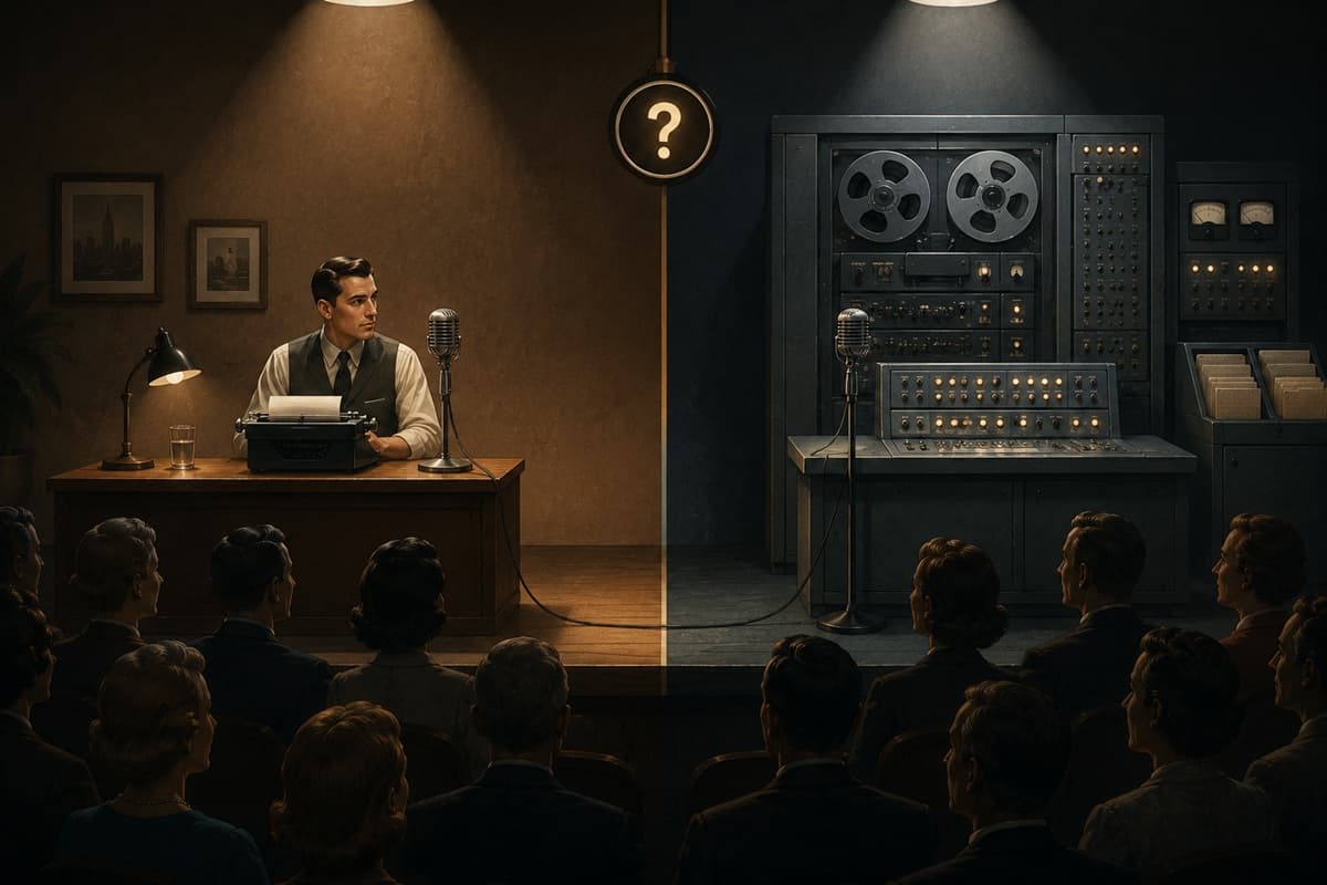 A writer and vintage computer face the same audience from opposite sides of a split comedy stage.