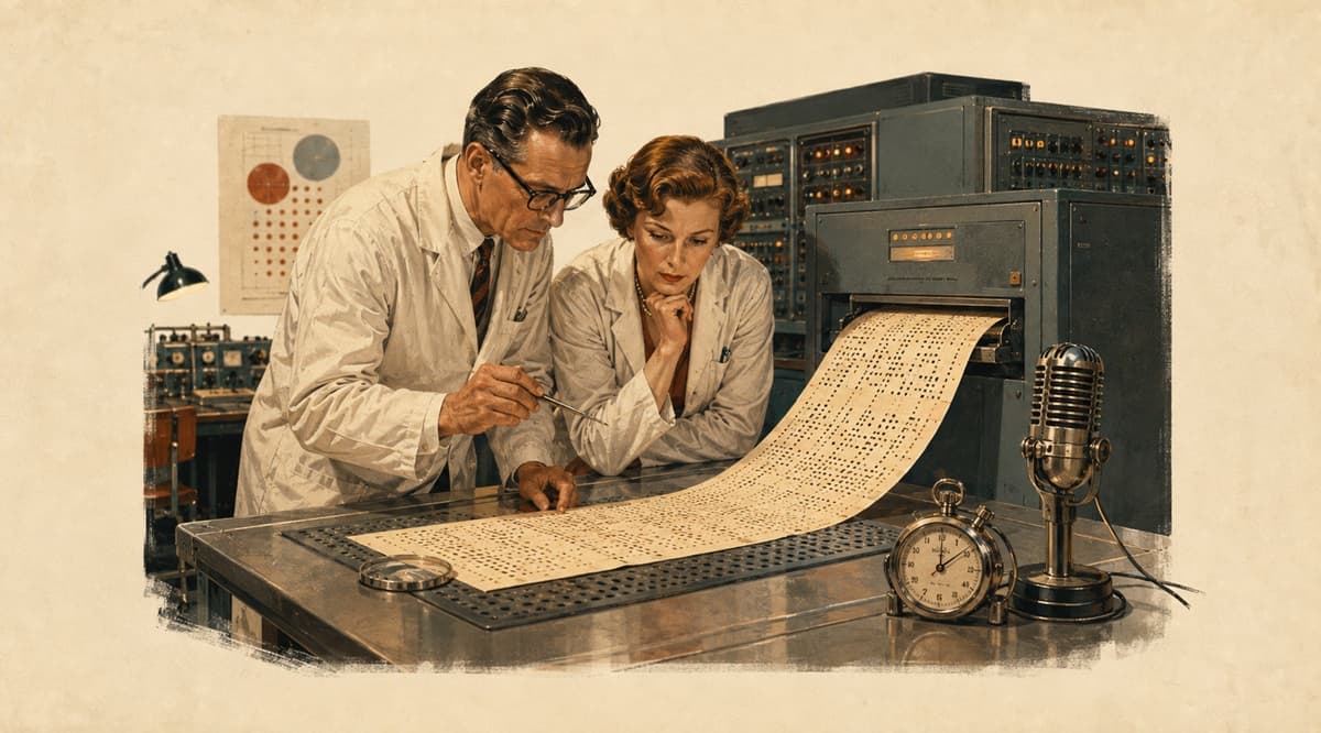 Two laboratory researchers inspect a long punch-card printout beside a microphone and stopwatch.