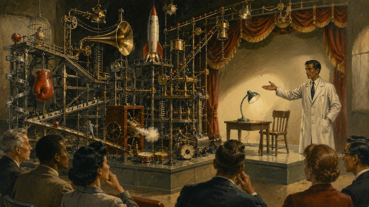 An elaborate comedy apparatus culminates in an ordinary illuminated desk lamp before an audience.