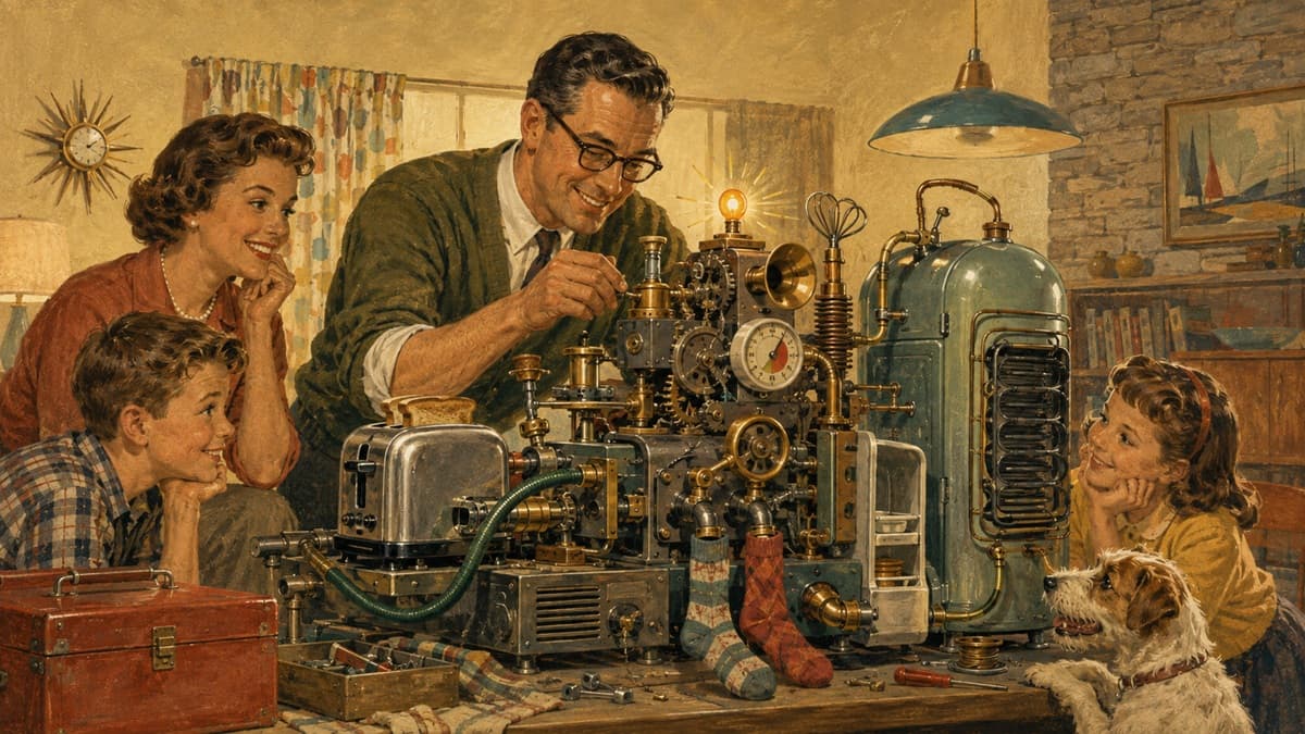 A family tests a retro-futurist joke machine assembled from familiar household objects.