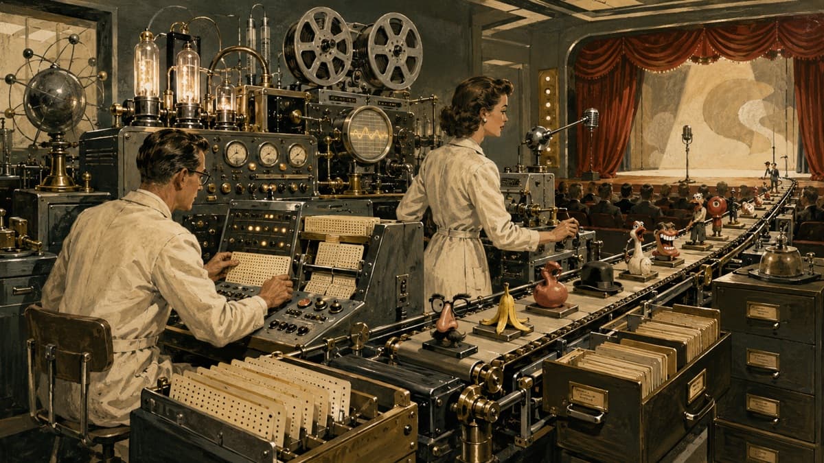 Researchers operate a retro-futurist machine that catalogs joke specimens before a theater audience.