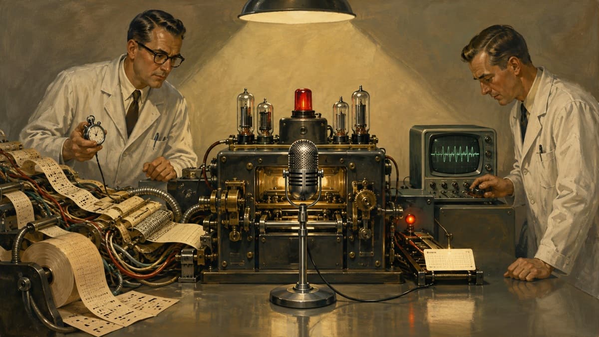 Researchers compress a long punch-card sequence into one line beside a vintage microphone.
