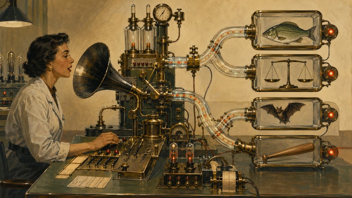 A researcher operates a wordplay machine that splits sounds into different visual meanings.