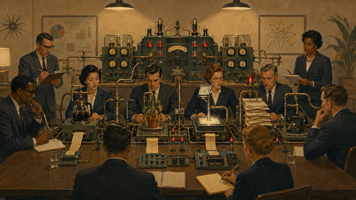 Office workers examine meetings, coffee, paperwork, and technology with an analog research console.