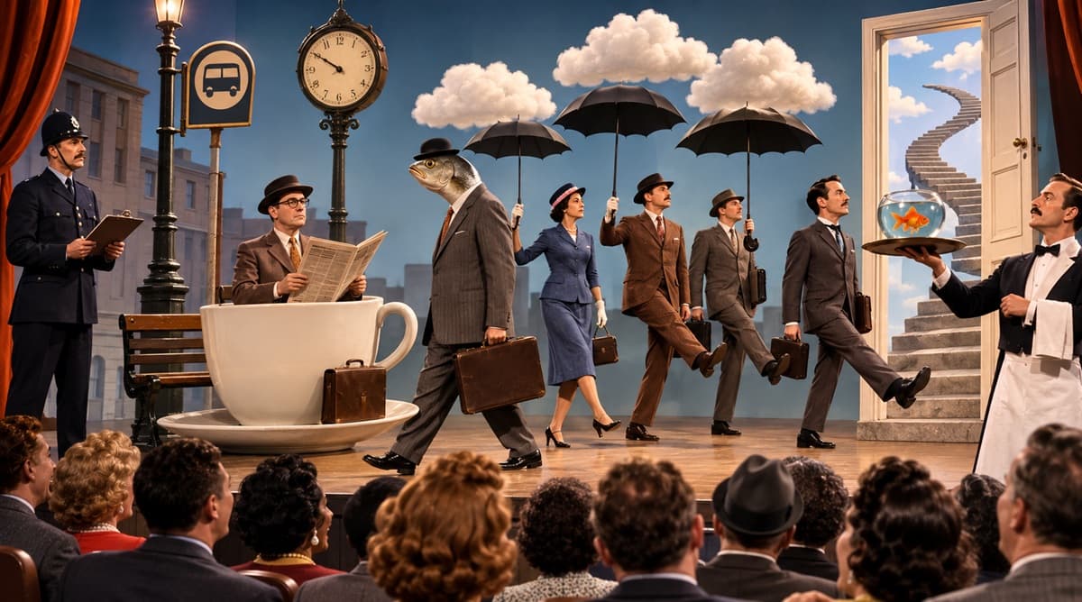Performers follow impossible but coherent rules inside a surreal theatrical set