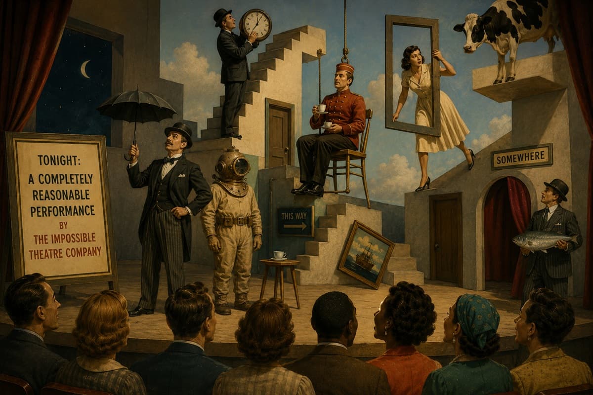An impossible theater company performs among floating stairs, an astronaut, a cow, and formal commuters