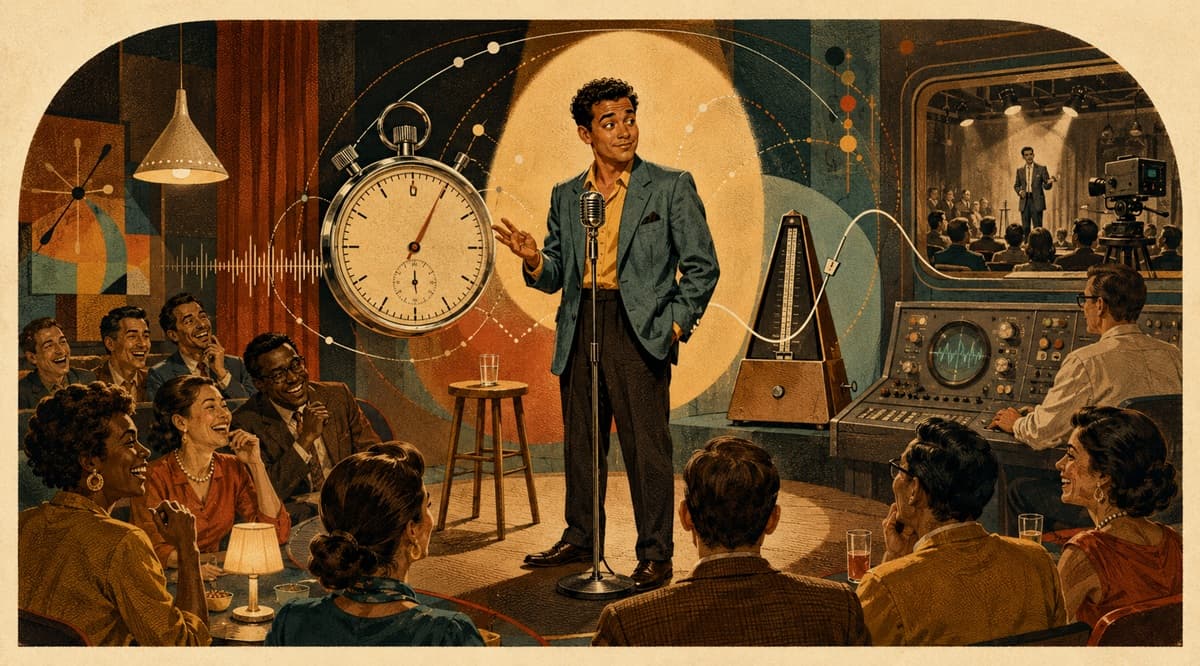 Performer, microphone, stopwatch, and audience arranged around pauses and rhythm