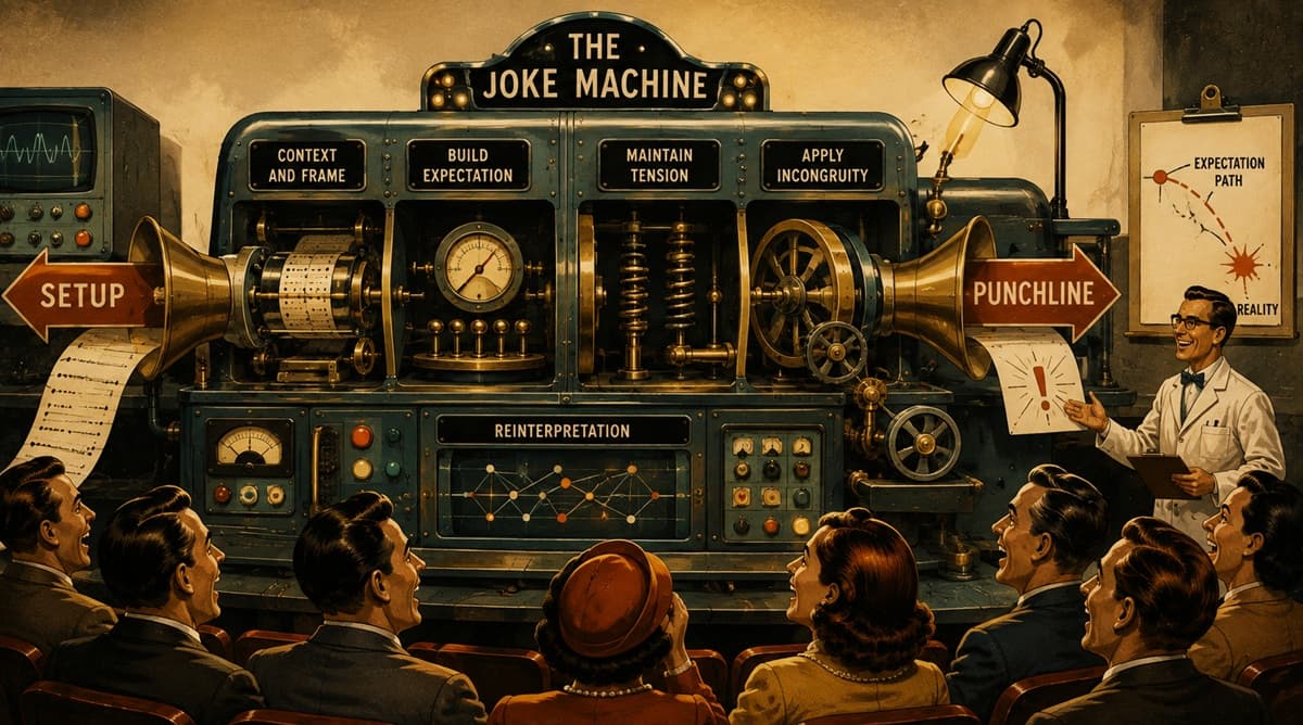 Fictional joke machine transforms a setup into a changed interpretation