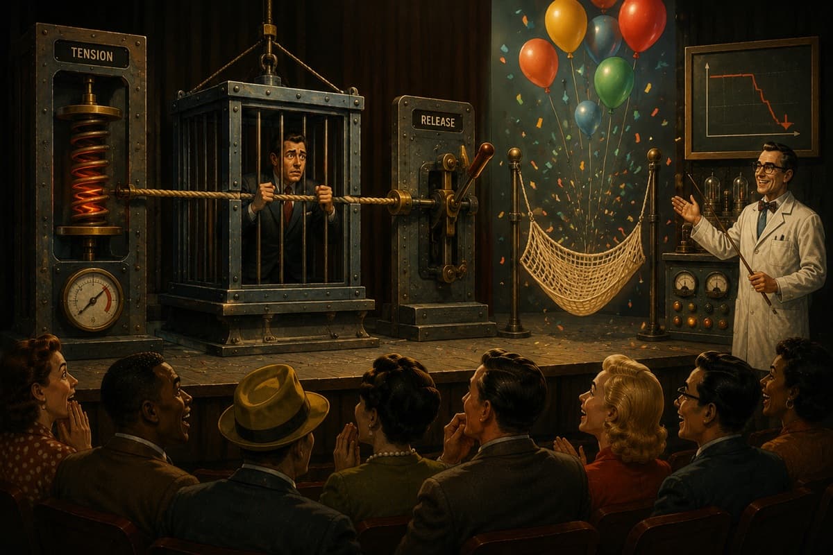 A caged performer moves from a tension mechanism toward balloons and an empty safety net
