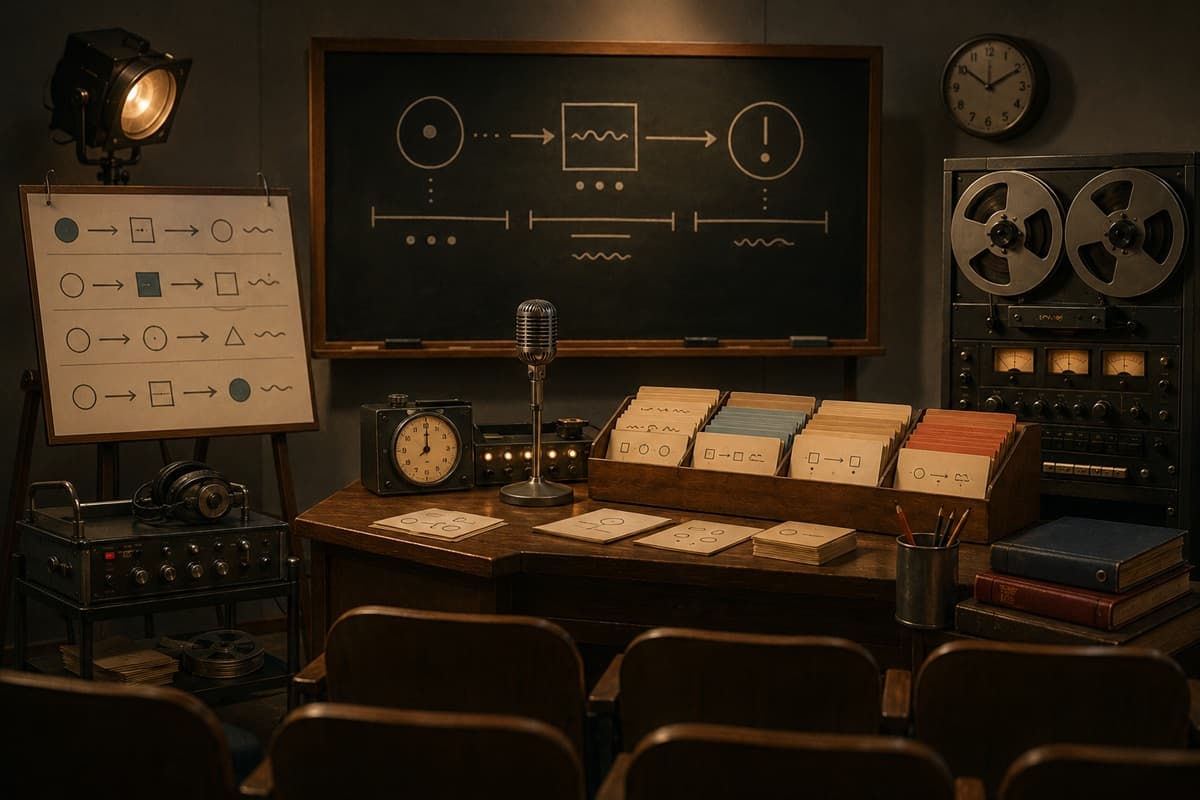 Retro-futurist lecture room with a microphone, timing equipment, and abstract joke-structure diagrams