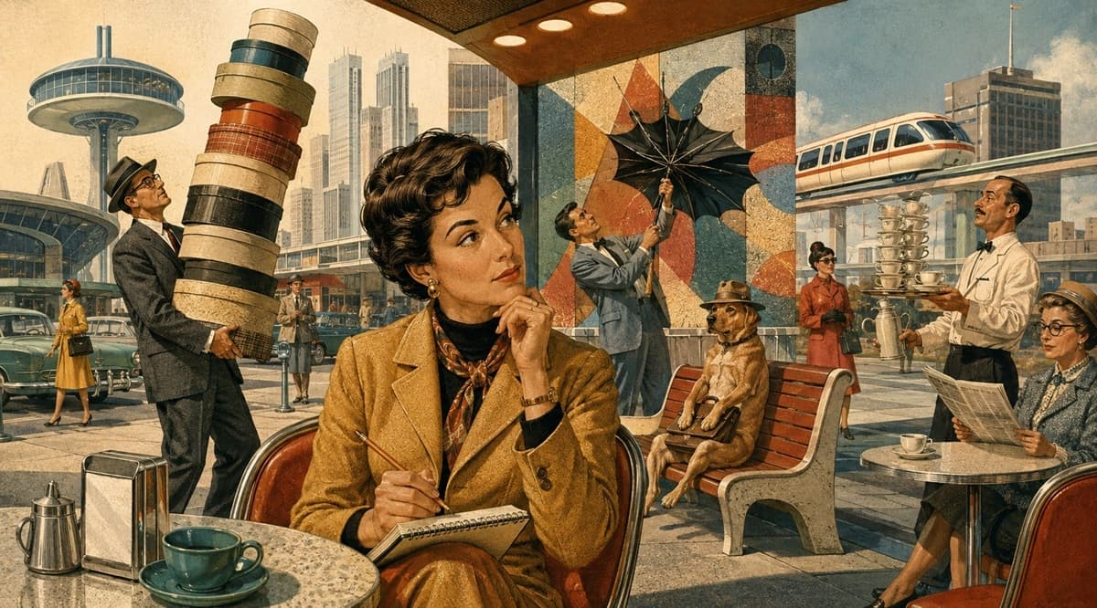 Writer notices precise absurd details in an ordinary mid-century public scene