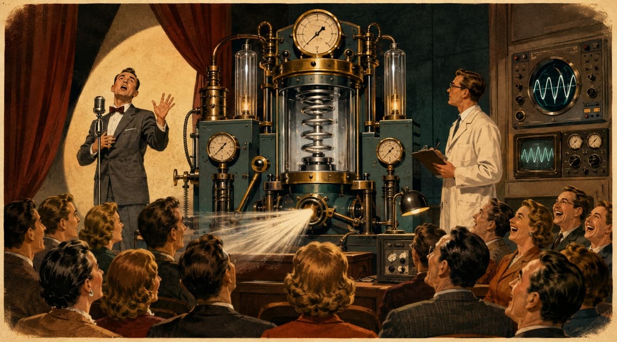 Theatrical tension resolves through a safe mechanical release inside a laboratory