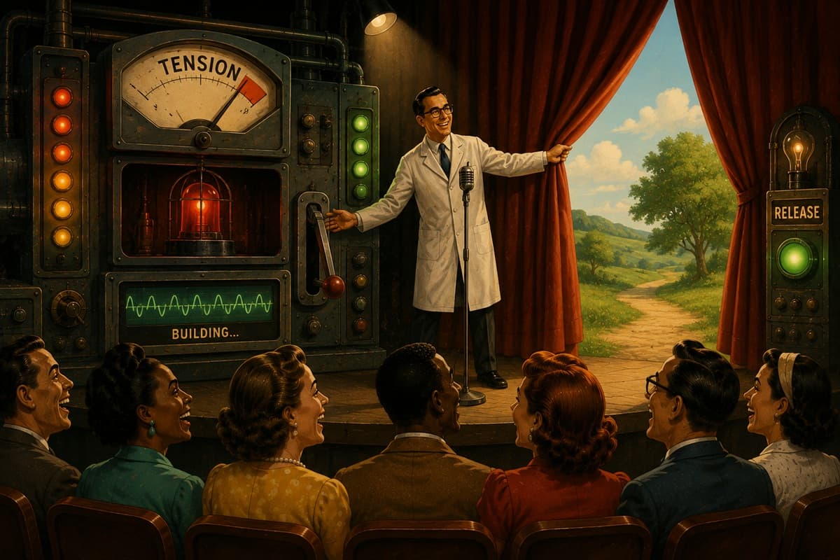 A laboratory presenter opens theater curtains from a tension machine toward a peaceful landscape