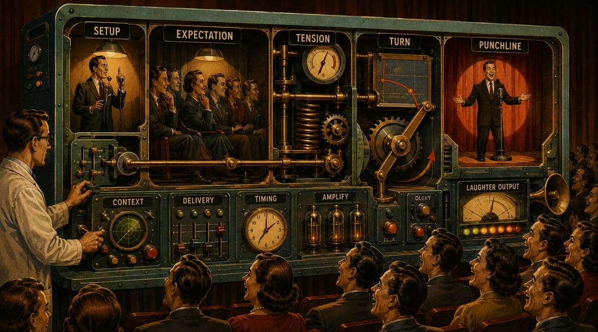 Linked stage mechanisms prepare expectation and release a comic turn