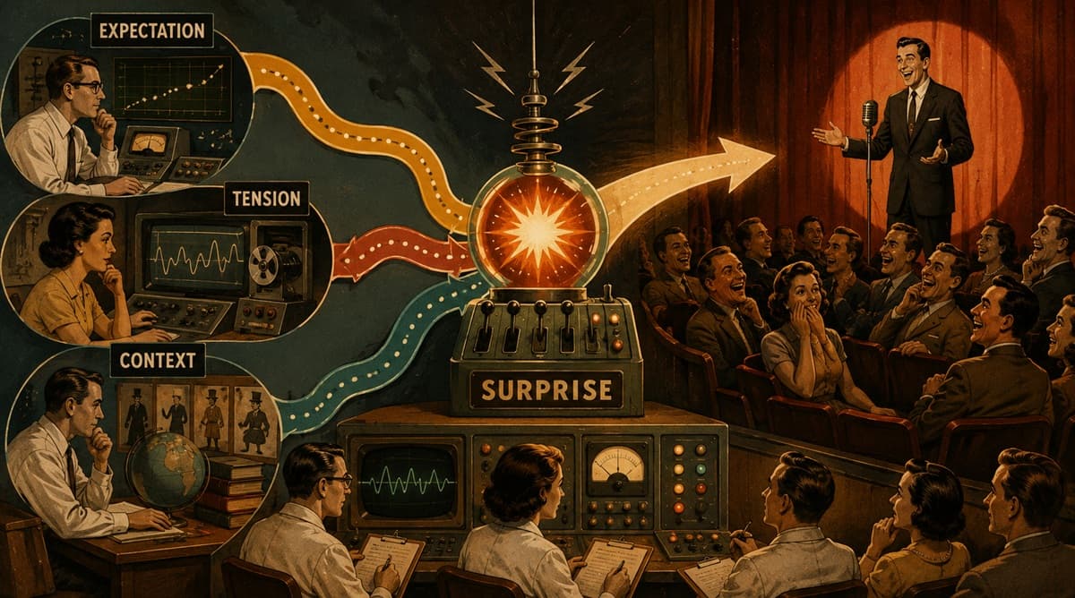 Expectation, tension, context, and surprise pathways converge on a theater audience