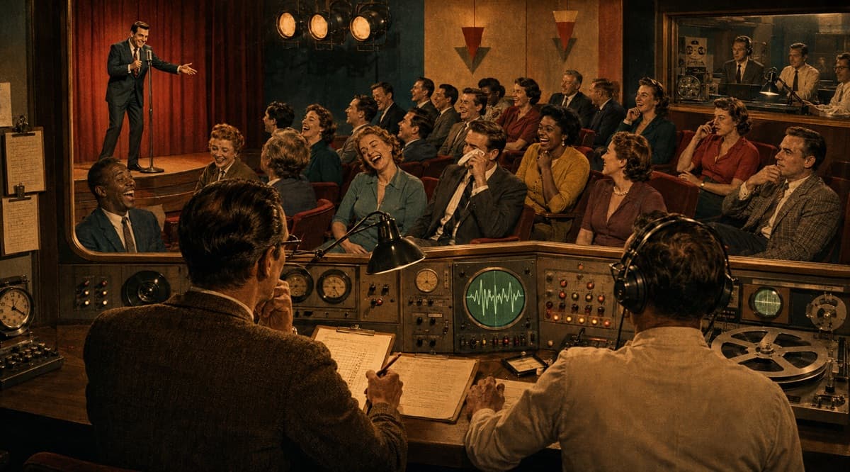 Varied audience reactions observed inside a warm mid-century research theater