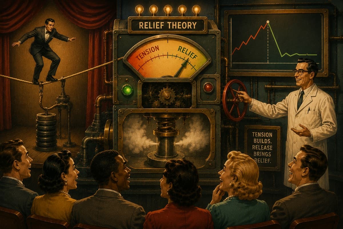A laboratory presenter demonstrates a tension-and-relief machine to a laughing audience