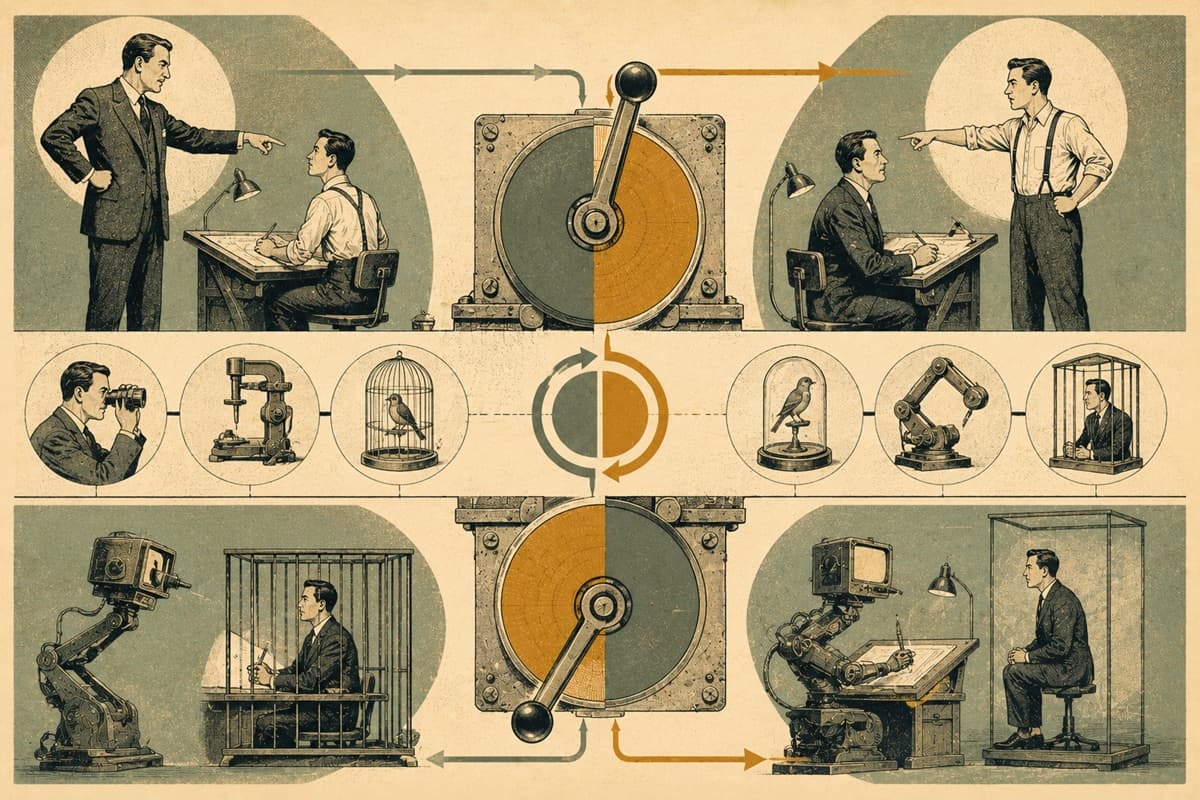 A boss and intern discover their status labels have switched during a meeting