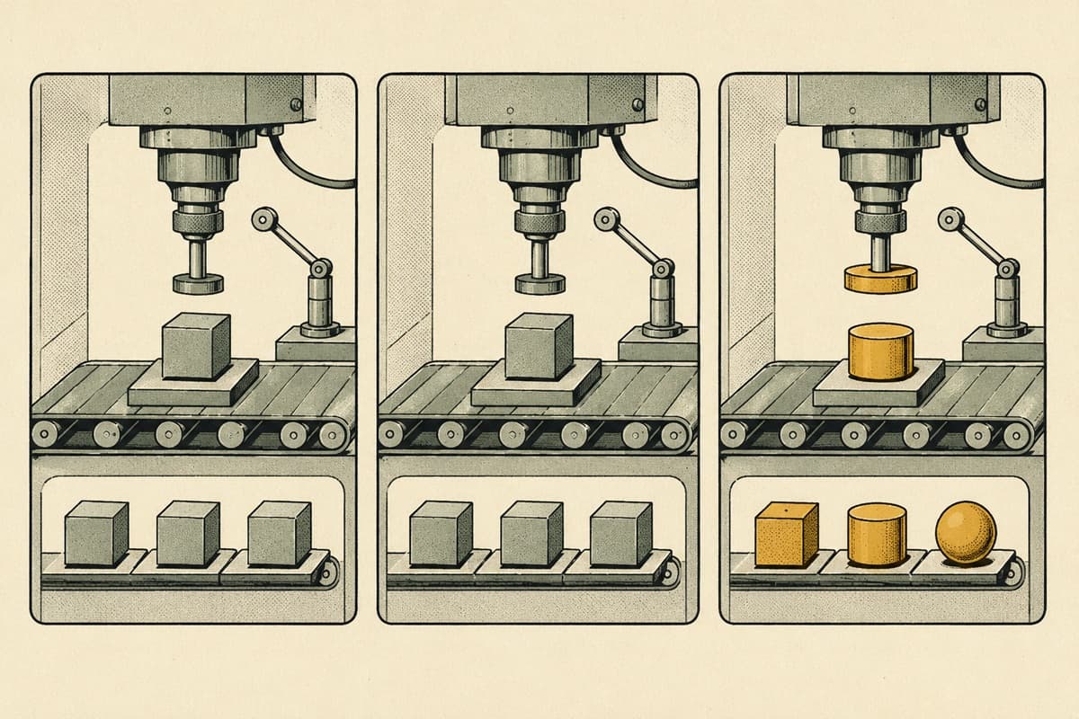Three labeled beats establish, confirm, and then disrupt a comic pattern