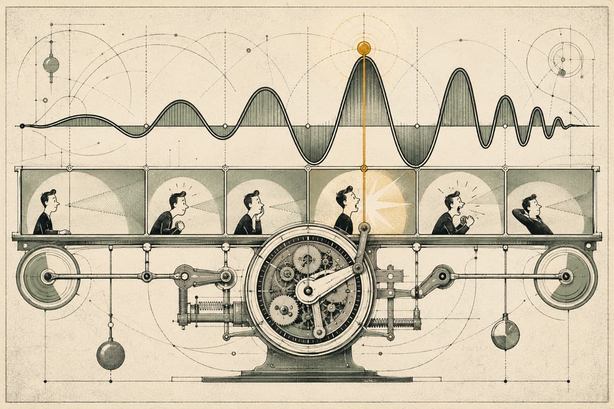 A performance waveform marks setup, pause, reveal, reaction, and audience release
