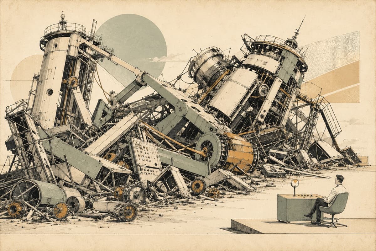 A calm note labeled minor issue sits beside an absurdly elaborate mechanical collapse